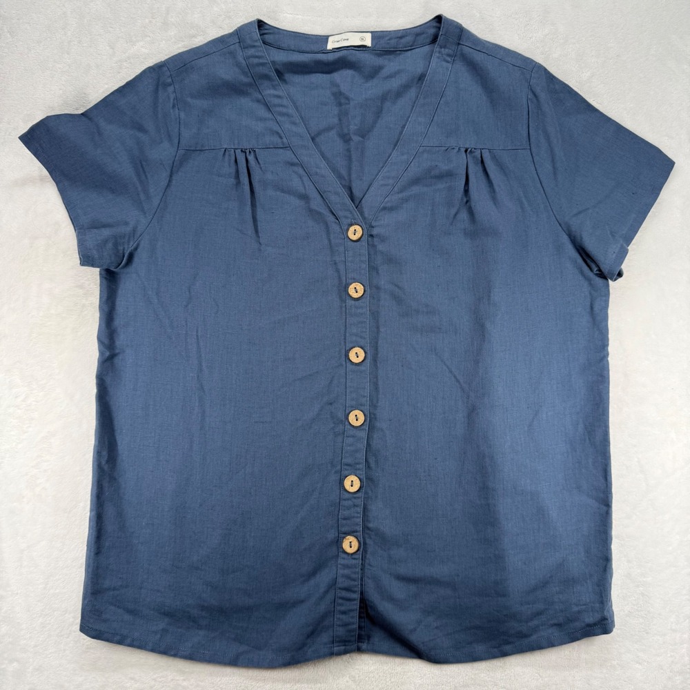 Grae Cove Linen Blend Top V-Neck‎ Short Sleeve Casual Blue Blouse XL
